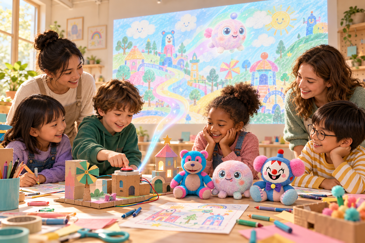 An imagined Leelaa studio: children and two educators test a physical button beside handmade inventions, Paloo, Wompy and Babaru, with a child-drawn world projected behind them.